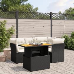 Salon de jardin 5 pcs avec coussins noir r&eacute;sine tress&eacute;e