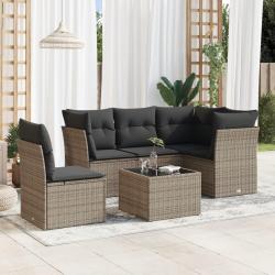 Salon de jardin 6 pcs avec coussins gris r&eacute;sine tress&eacute;e