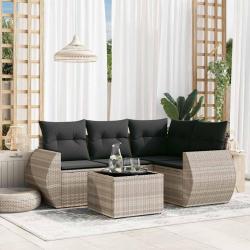 Salon de jardin 5 pcs avec coussins gris clair r&eacute;sine tress&eacute;e