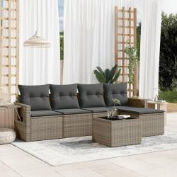 Salon de jardin 6 pcs avec coussins gris r&eacute;sine tress&eacute;e