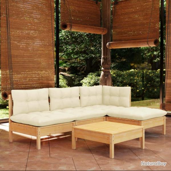 Salon de jardin 5 pcs avec coussins cr�me bois de pin alsavelo