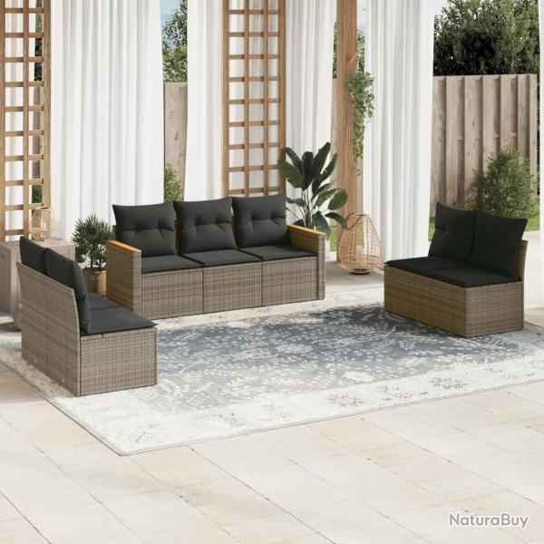 Salon de jardin avec coussins 7 pcs gris r�sine tress�e alsavelo