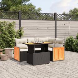 Salon de jardin 5 pcs avec coussins noir r&eacute;sine tress&eacute;e
