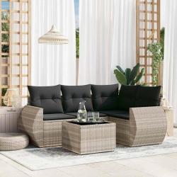 Salon de jardin 5 pcs avec coussins gris clair r&eacute;sine tress&eacute;e