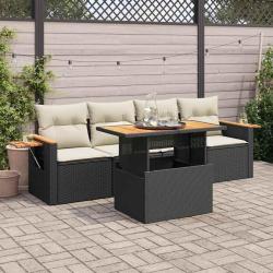 Salon de jardin 5 pcs avec coussins noir r&eacute;sine tress&eacute;e acacia