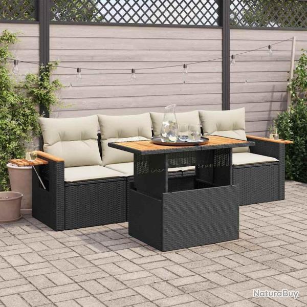 Salon de jardin 5 pcs avec coussins noir r�sine tress�e acacia alsavelo