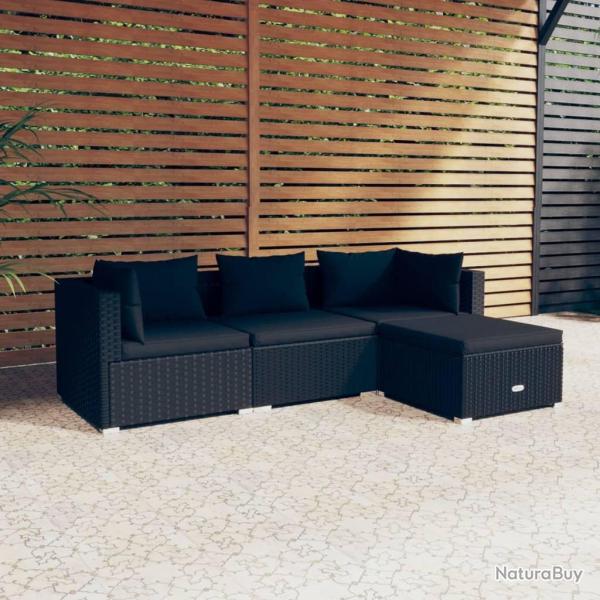 Salon de jardin 4 pcs avec coussins R�sine tress�e Noir
