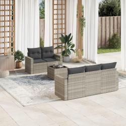 Salon de jardin 6 pcs avec coussins gris clair r&eacute;sine tress&eacute;e