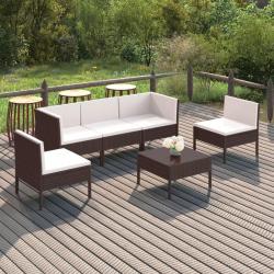 Salon de jardin 6 pcs avec coussins R&eacute;sine tress&eacute;e Marron