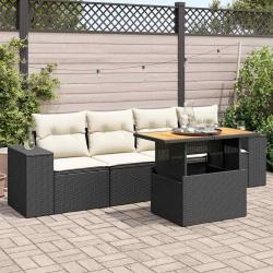Salon de jardin 5 pcs avec coussins noir r&eacute;sine tress&eacute;e