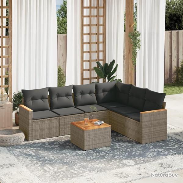 Salon de jardin avec coussins 7 pcs gris r�sine tress�e