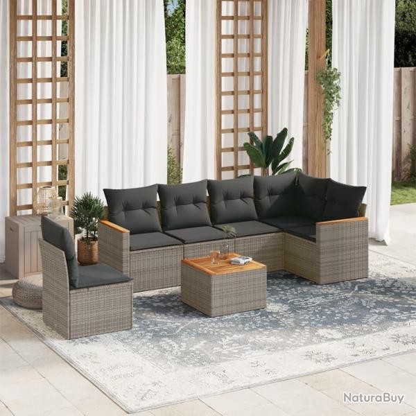 Salon de jardin avec coussins 7 pcs gris r�sine tress�e