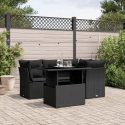Salon de jardin 5 pcs avec coussins noir r&eacute;sine tress&eacute;e