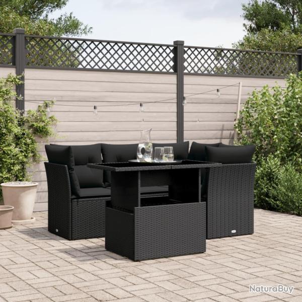 Salon de jardin 5 pcs avec coussins noir r�sine tress�e