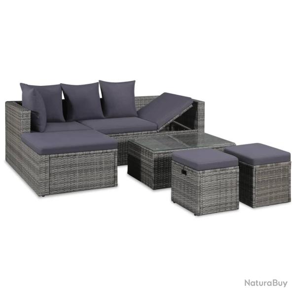 Salon de jardin 4 pcs avec coussins R�sine tress�e Gris