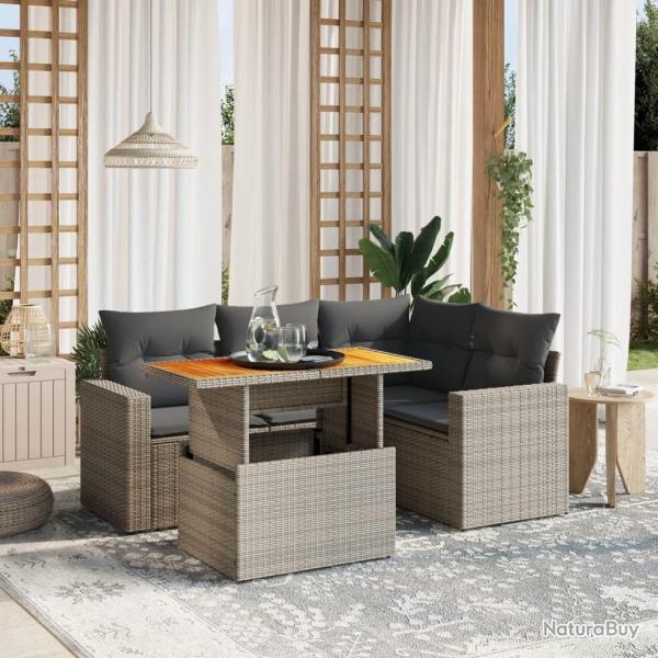 Salon de jardin 5 pcs avec coussins gris r�sine tress�e