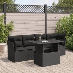 Salon de jardin 5 pcs avec coussins noir r&eacute;sine tress&eacute;e