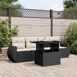Salon de jardin 5 pcs avec coussins noir r&eacute;sine tress&eacute;e