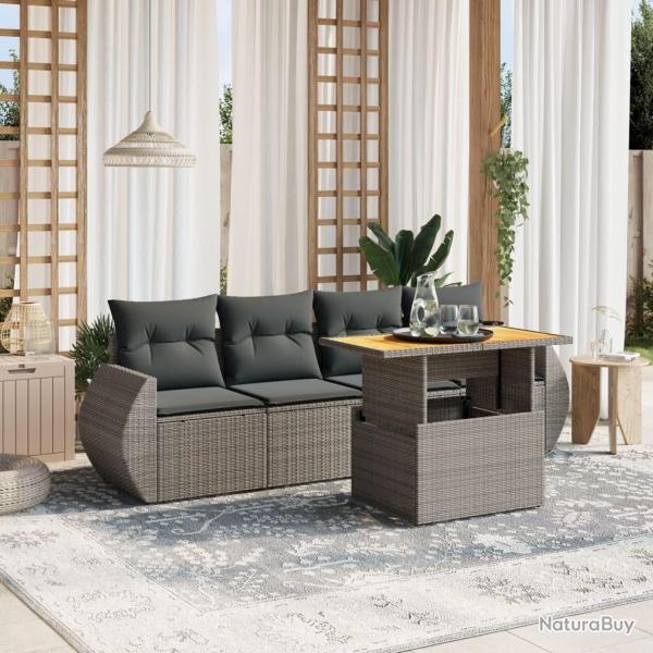 Salon de jardin 5 pcs avec coussins gris r�sine tress�e