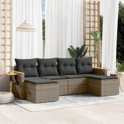 Salon de jardin 6 pcs avec coussins gris r&eacute;sine tress&eacute;e