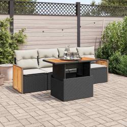 Salon de jardin 5 pcs avec coussins noir r&eacute;sine tress&eacute;e acacia