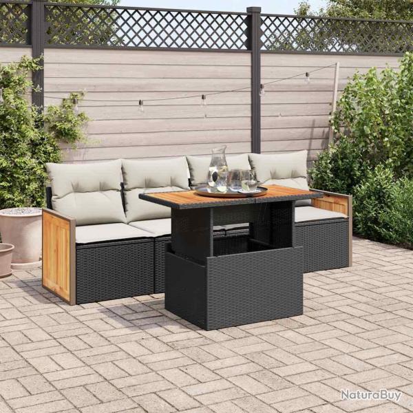 Salon de jardin 5 pcs avec coussins noir r�sine tress�e acacia
