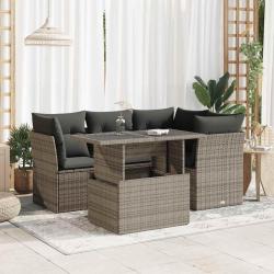 Salon de jardin 5 pcs avec coussins gris r&eacute;sine tress&eacute;e