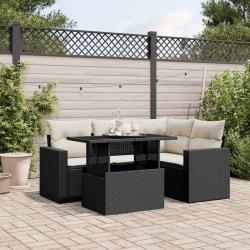 Salon de jardin 5 pcs avec coussins noir r&eacute;sine tress&eacute;e