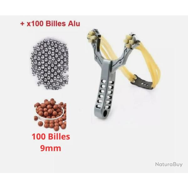 Fronde Lance Pierre 4 Elastiques en ALU + 100 Billes Ultra Puissance Slingshot