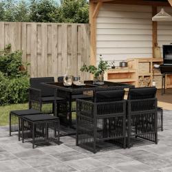Ensemble &agrave; manger de jardin 9pcs coussins noir r&eacute;sine tress&eacute;e