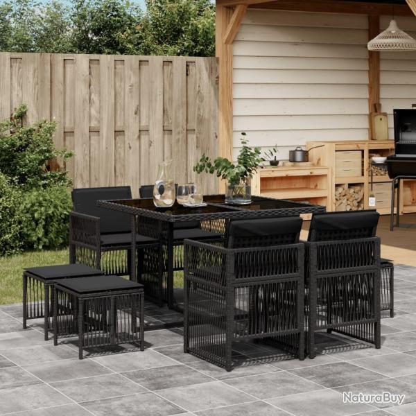 Ensemble � manger de jardin 9pcs coussins noir r�sine tress�e