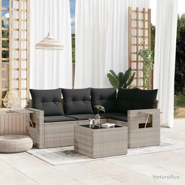 Salon de jardin 5 pcs avec coussins gris clair r�sine tress�e