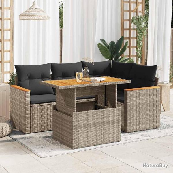 Salon de jardin 5 pcs avec coussins gris r�sine tress�e acacia