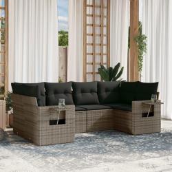Salon de jardin 6 pcs avec coussins gris r&eacute;sine tress&eacute;e