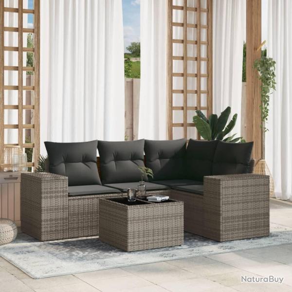 Salon de jardin 5 pcs avec coussins gris r�sine tress�e