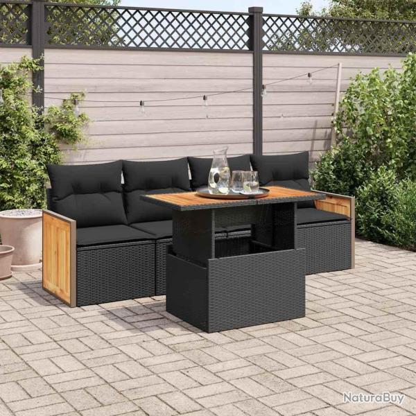 Salon de jardin 5 pcs avec coussins noir r�sine tress�e acacia