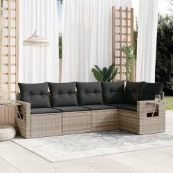 Salon de jardin 5 pcs avec coussins gris clair r&eacute;sine tress&eacute;e