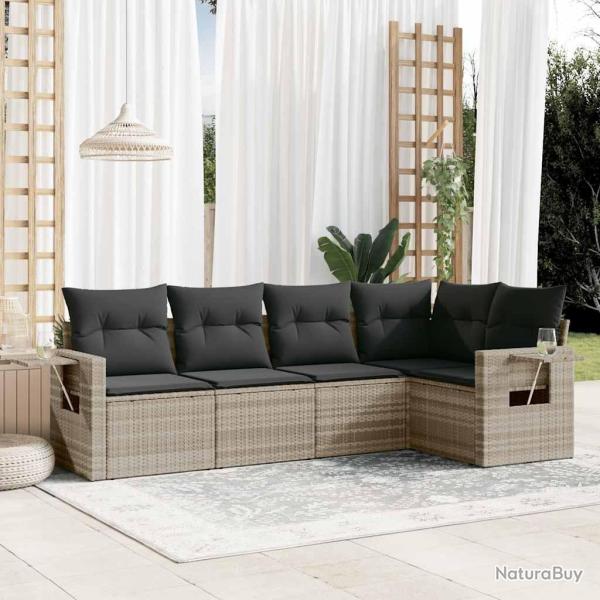 Salon de jardin 5 pcs avec coussins gris clair r�sine tress�e