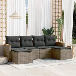 Salon de jardin 6 pcs avec coussins gris r&eacute;sine tress&eacute;e