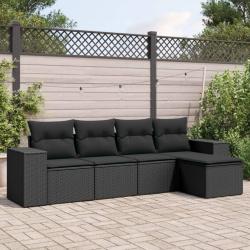 Salon de jardin 5 pcs avec coussins noir r&eacute;sine tress&eacute;e