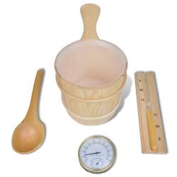Accessoires sauna 5 pcs Seau Cuill&egrave;re Sablier Thermo-hygrom&egrave;tre