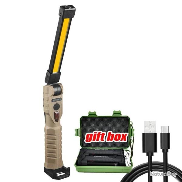 Lampe de Poche LED Pliable COB avec 7 Modes Magn�tiques, Rechargeable par USB Khaki with box