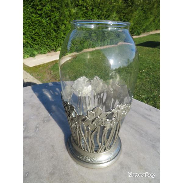 Grand vase en verre & �tain a jolie d�cor de Narcisses, CAVAGNINI - Italie