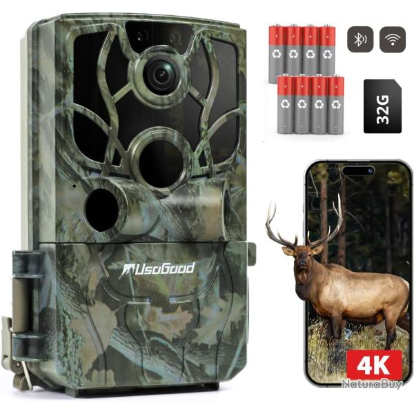 Camra de Chasse 4K 48MP WiFi & Bluetooth Vision Nocturne Infrarouge Dtection PIR 120 tanche IP66