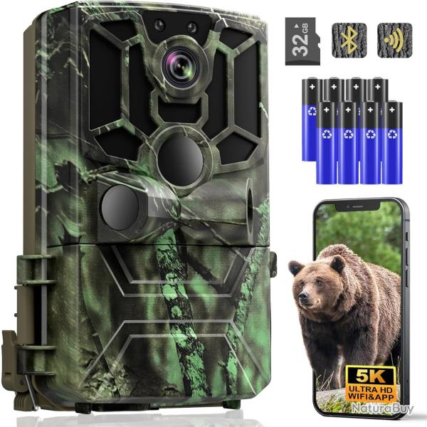 Cam�ra de Chasse 4K 48MP WiFi Bluetooth Vision Nocturne Infrarouge D�tection PIR 120� IP66 Vert/Camo