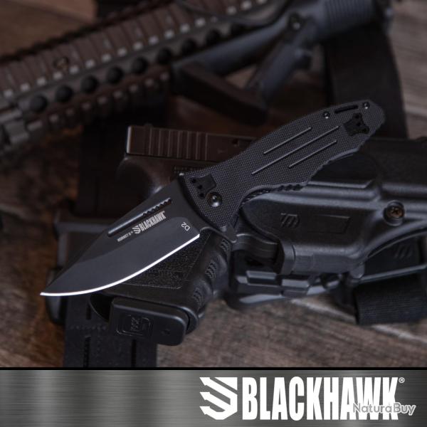 Couteau BLACKHAWK! Hornet II A/O Liner Lock Lame Clip Point Acier D2 Black DLC Clip BH15H201BK