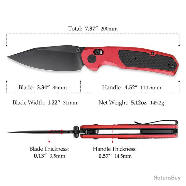 Couteau TRIVISA Hornet-08R Red Axis Lock Lame Drop Point Acier 14C28N Manche Alu/G-10 TVJM01RA14