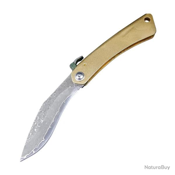 Higonokami Couteau de Poche Pliant Japonais EDC Motif Damas + �tui Cuir PU Dor� Camping Survie