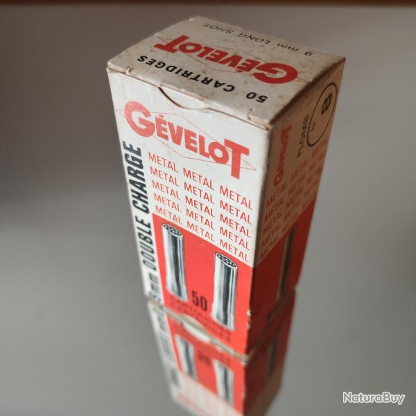 Boite GEVELOT, de 10 cartouches nickel�es, en 9mm LONG SHOT / DOUBLE CHARGE