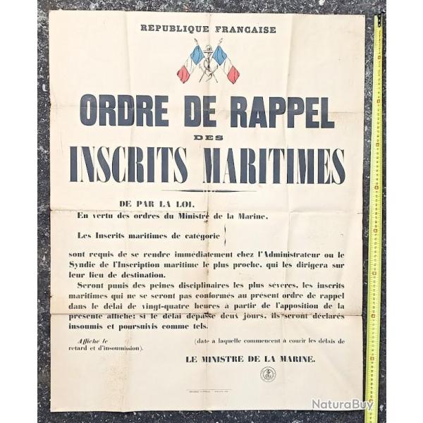Grande affiche authentique Ordre de Rappel MARINE 1926